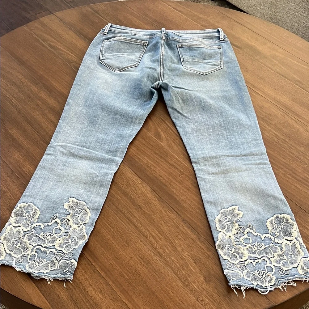 DRIFTWOOD Light Blue Flare Jeans with Cream Floral Embroidery - Picture 3 of 5